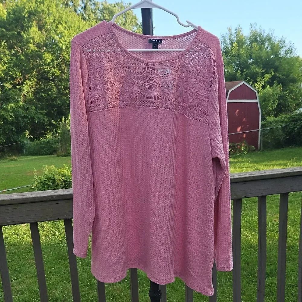 NWT Torrid Waffle Crochet Yoke Top 2X Foxglove Pink Long Sleeve
